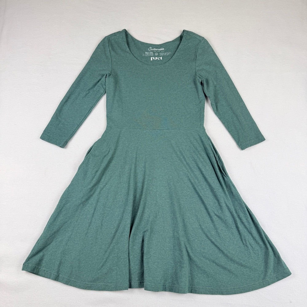 Pact Fit Flare Dress Womens XS Teal Skater‎ Sustainable Organic Cotton Soft Luxe